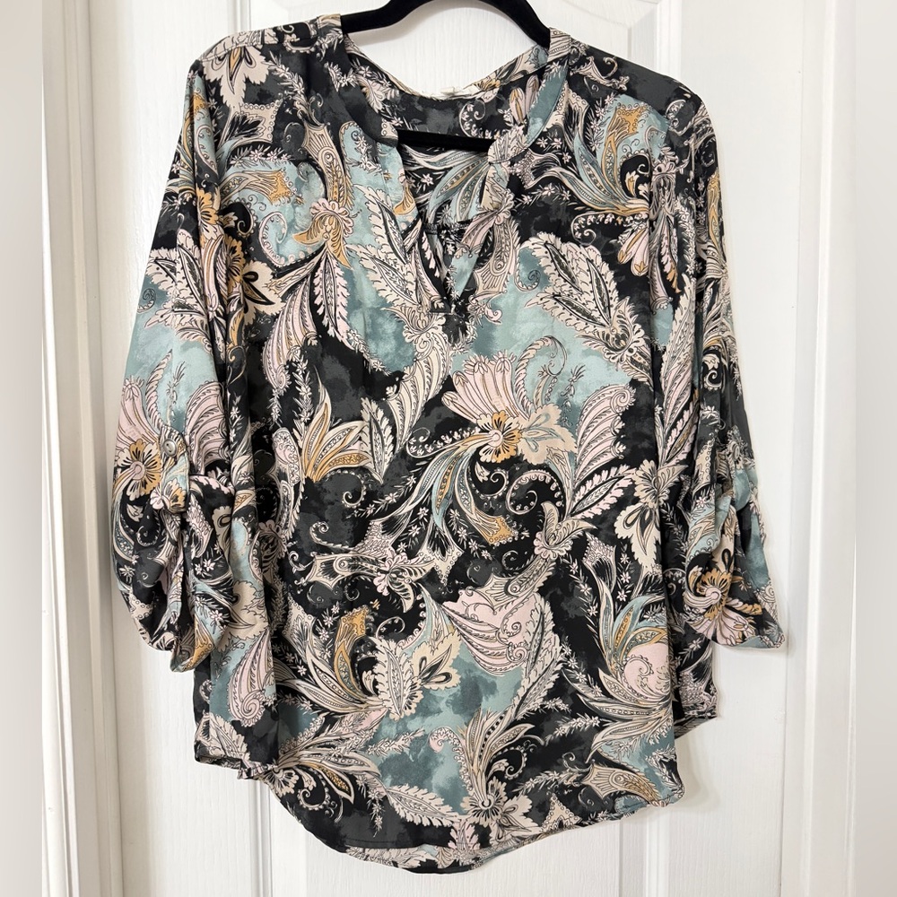 Maurices Blouse Paisley Print Roll Tab Sleeve Black Teal Fall Size L